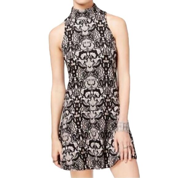 Free People Amelia Jacquard Knit Mock Neck Mini Dress, Size Med Black/Tan/White - Picture 1 of 12